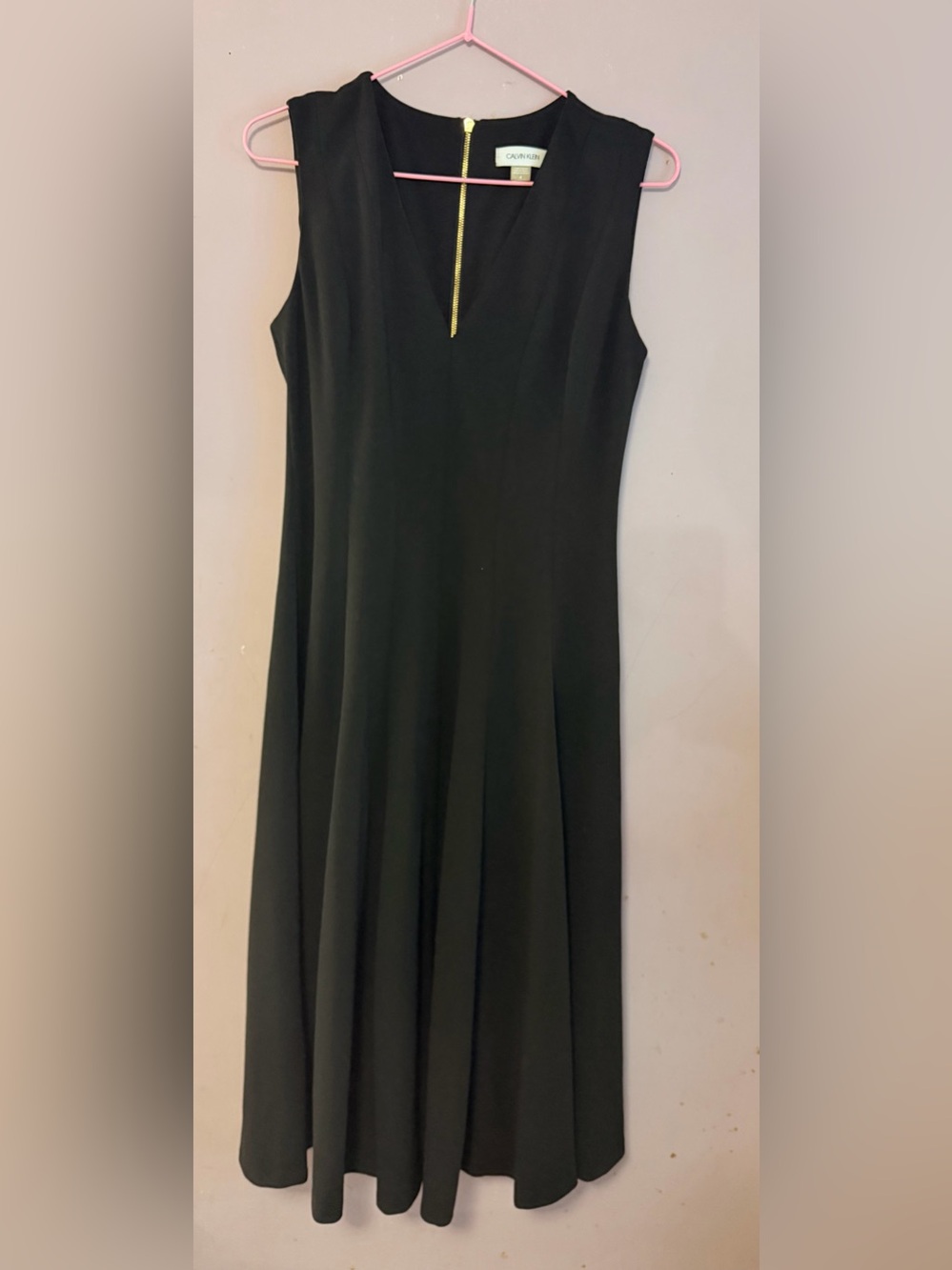 Calvin Klein Black Sleeveless Midi V-Neck Dress with Gold Zip